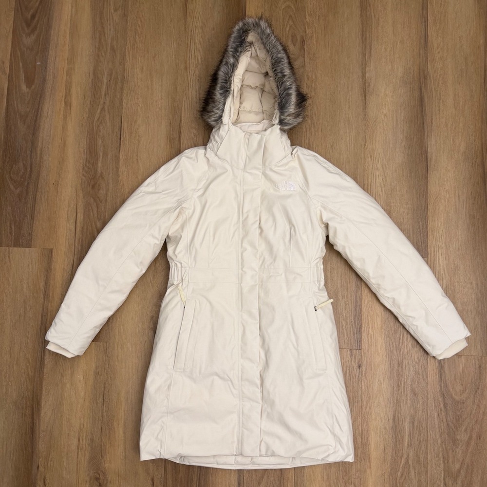 The North Face Arctic Parka Cream White Down dryvent Hooded Faux Fur Coat M snow